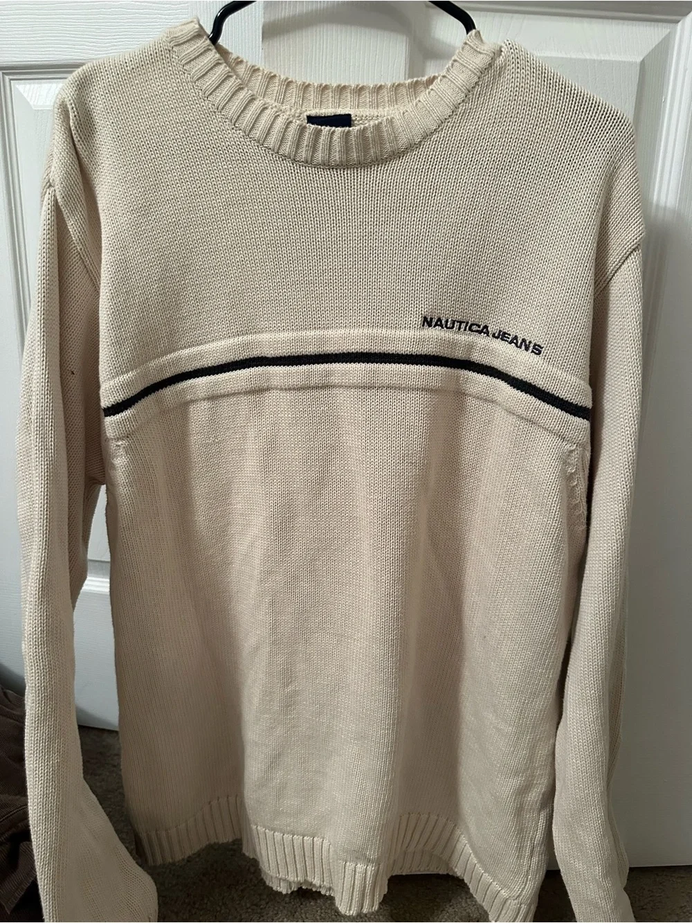 Nautica Cream Crew Sweater with Navy Stripe